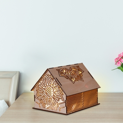 Small Wood Low House Nightstand Light Kids Brown LED Table Lamp with Etched Flower/Loving Heart/Star Pattern
