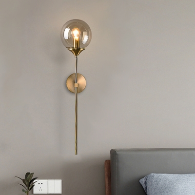 Sphere Smoke Grey/Amber Glass Wall Lamp Modernism 1 Bulb Gold Wall Mounted Light with Long Vertical Arm