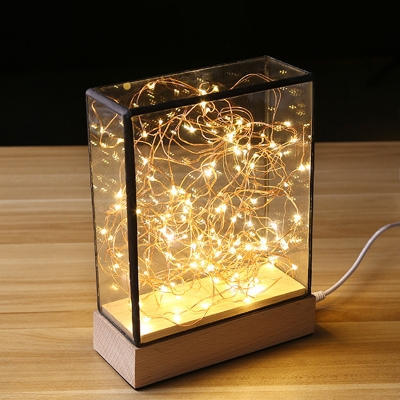 Square Box USB Table Light Kids Transparent Glass Bedside LED Night Lamp in Wood with Bear and String Light