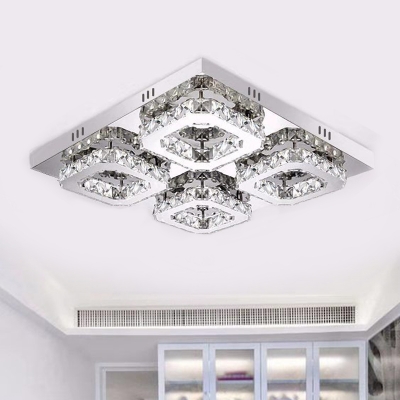 Square Flush Ceiling Light Modern Crystal Petals Chrome LED Semi Mount Lighting for Dining Room
