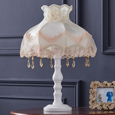 White Scalloped Table Light Contemporary 1 Bulb Fabric Night Lamp with Crystal Droplet