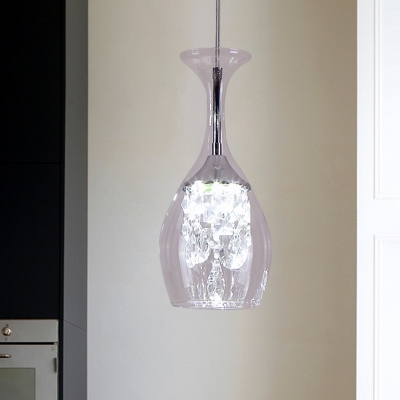 Wine Glass Ceiling Lamp Simplicity Clear Glass 1-Bulb Silver Pendant with Crystal Drop in Warm/White Light