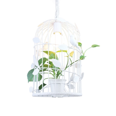 1 Bulb Hanging Ceiling Light Antique Cafe Pendant Lighting with Birdcage Metallic Shade in White