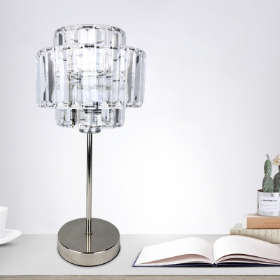 

1 Head Table Lamp Minimalist Bedroom Desk Light with 2-Tier Faceted Crystal Shade in Chrome, HL619560