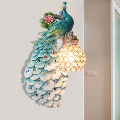 1 Head Wall Light Sconce Traditional Peacock Resin Wall Lighting Fixture in White/Blue/Green with Crystal Ball Shade, Right/Left