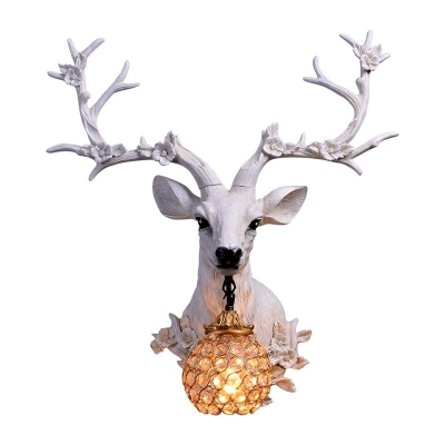 1 Light Resin Wall Mount Light Country White/Blue Sika Deer Head Living Room Wall Sconce Lighting with Ball Crystal Shade