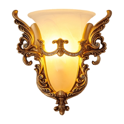 1 Light White Glass Wall Light Sconce Countryside Gold Flared Bedroom Wall Mounted Lighting