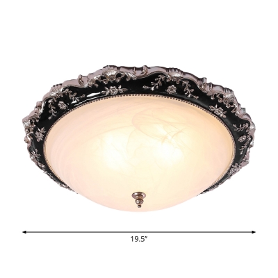 2/3 Bulbs Opal Glass Flush Light Rural Black Bowl Shade Bedroom Flushmount Lighting with Leaf/Flower Edge, 14