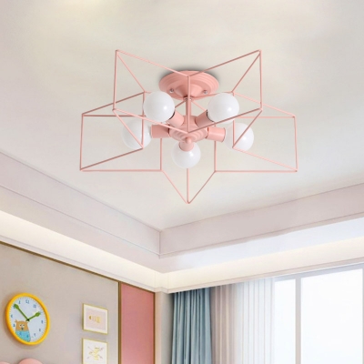 5-Light Kids Bedroom Semi Mount Lighting Macaron Grey/Pink/Green Ceiling Flush Light with Star Iron Frame