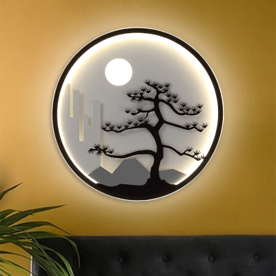 Asian Greeting Pine Wall Mount Lamp Metal LED Tearoom Circle Wall Mural Light in Black