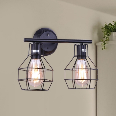 Black Orb Cage Wall Sconce Light Industrial Metal 2 Lights Dining Room Wall Mount Lamp