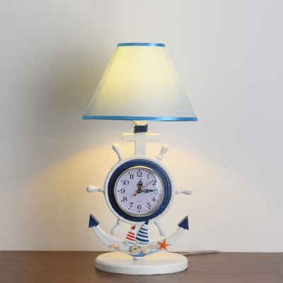 Blue Conical Night Table Lighting Coastal Single Head Fabric Desk Light with Rudder Clock Design
