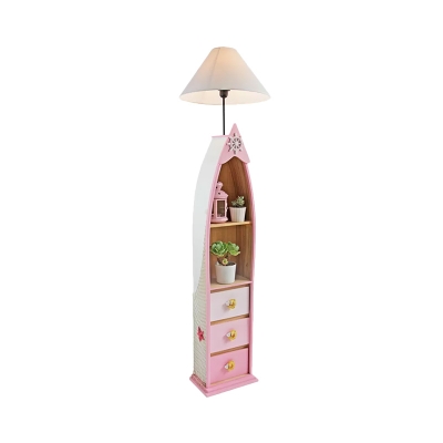 Boat Shape Cabinet Wood Floor Lamp Creative 1-Light Pink/Blue/Green Stand Up Lighting with Cone Fabric Shade