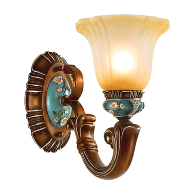 Carved Cream Glass Wall Sconce Light Rustic 1-Head Bedroom Wall Lighting Fixture in Brown