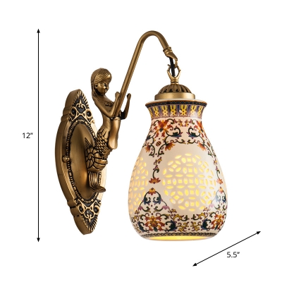 Ceramic Jar Wall Lighting Country 1/2-Light Living Room Wall Sconce Light in Antique Brass with Mermaid Backplate