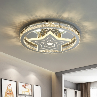 Circular Bedroom Ceiling Light Beveled Crystal Modern LED Semi Flush Mount Fixture in Chrome with Star Design