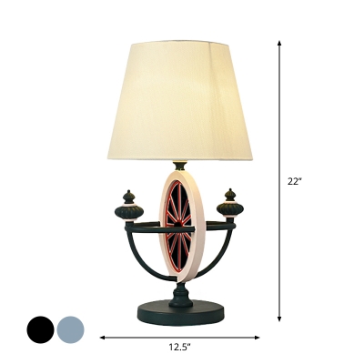Cone Night Table Lamp Modernism Fabric 1 Bulb Bedside Task Lighting with Round Base and Bowl Frame Design in Black/Blue