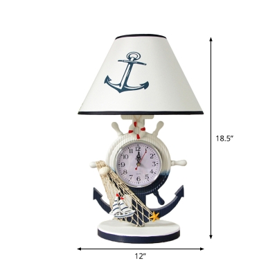 Conic Nightstand Lamp Nautical Fabric 1-Light Bedroom Desk Lighting with Rudder Clock Base in Blue