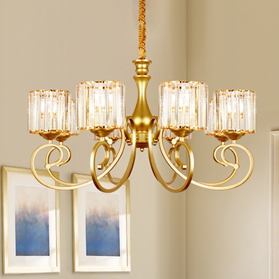 Crystal Block Cylinder Chandelier Postmodern 8 Heads Suspension Light with Scroll Arm in Gold