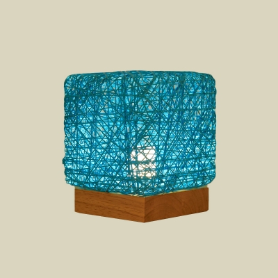 Cube Rattan Woven LED Table Light Macaron Blue/Flaxen/Beige Rechargeable USB Night Lamp with Wood Base