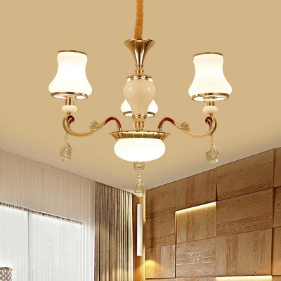 Curved Shade Bedroom Ceiling Lamp Opal Glass 3/6-Head Modern Chandelier in Gold with Crystal Drop