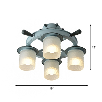Dimpled Glass Column Ceiling Light Kids 4-Bulb Blue Semi Flush Chandelier with Rudder Design