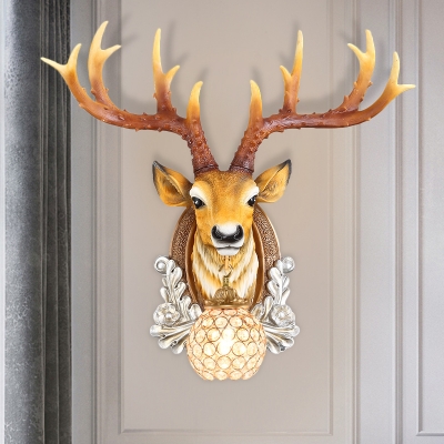 Deer Head Living Room Surface Wall Sconce Traditional Resin 1 Light Grey/Yellow Wall Light with Globe Crystal Embedded Shade