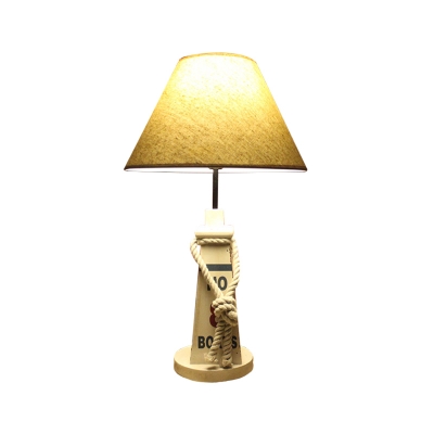 Fabric Flared Nightstand Light Mediterranean 1 Bulb Table Lamp with Buoy Base and Rope Deco in Red/White