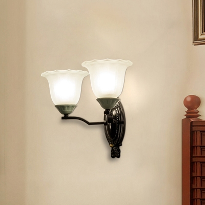 Floral Bedroom Wall Light Fixture Traditional Frosted Glass 1/2-Light Black Wall Lighting