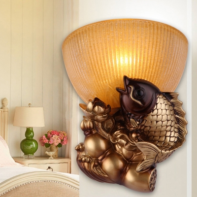 Gold Bowl Wall Sconce Light Rustic Yellow Glass 1 Light Bedroom Wall Lighting Fixture with Fish Decor