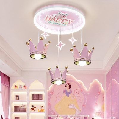 Happy Princess Pattern Circle Flushmount Kids Creative Acrylic 3-Light Pink Ceiling Light with Draping Crown Shade