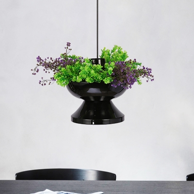 Industrial Hot Pot Shape Pendant 1 Bulb Metallic Suspension Pendant Light with Plant Deco in Black