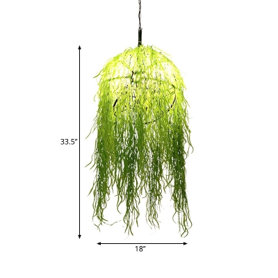 Industrial Spherical Chandelier Lamp 5 Lights Metallic Ceiling Hang Fixture with Seaweed Deco in Green