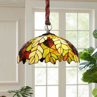 Leaf Chandelier Light 3-Bulb Yellow Stained Glass Dining Room Tiffany Suspension Lamp with Bowl Shade
