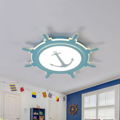 LED Nursery Flush Lamp Cartoon White/Blue Ceiling Flush Mount with Rudder Acrylic Shade in Warm/White Light, 16.5