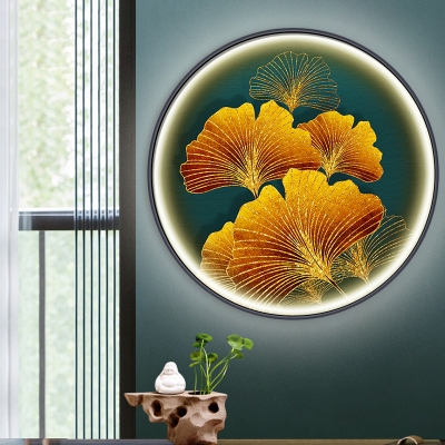 Metal Ginkgo Leaf Wall Lighting Ideas Chinese Style LED Yellow and Green/Yellow Mural Light Fixture with Round Frame