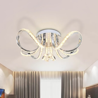 Minimal Twisted Semi Flush Light Fixture Crystal LED Bedroom Ceiling Lamp in Nickel, Warm/White Light