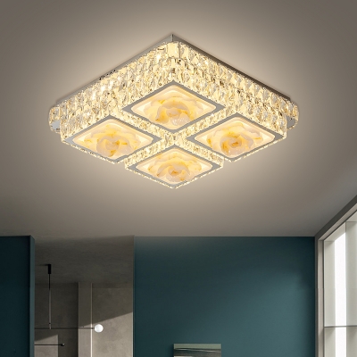 Modern Square Flush Ceiling Light Clear Crystal Block LED Bedroom Floral Patterned Lighting Fixture in Chrome