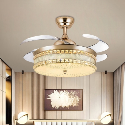 Modern Style Round Flush Light Fixture Crystal Living Room LED Semi Flush in Gold with 4 Blades, 19