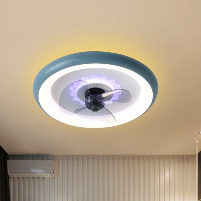 Nordic Round Ceiling Fan Light Fixture Acrylic 3-Blade LED Bedroom Semi Mount Lighting in Black/Red/Blue, 19.5