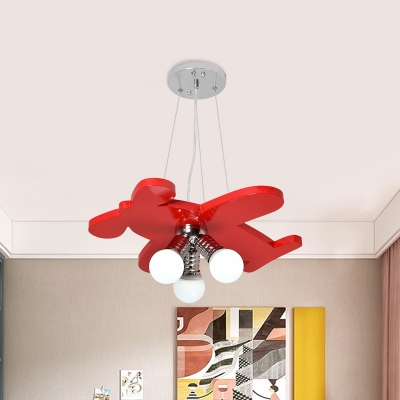 Red/Yellow/Blue Plane Drop Pendant Cartoon Style 3 Heads Metallic Chandelier Light Fixture with Bare Bulb Design