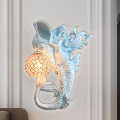 Resin Light Blue/Gold Wall Light Sconce Mermaid 1 Bulb Countryside Wall Lamp with Orb Crystal-Encrusted Shade, Right/Left