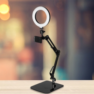 Ring Cellphone Mount Vanity Lighting Metal LED Minimalist Fill Flash Lamp with Adjustable Arm in Black, USB