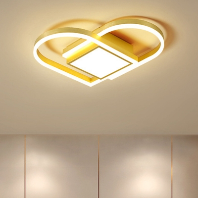 Simple Loving Heart Ceiling Mount Acrylic LED Bedroom Square Flush Mount Fixture in Gold/Coffee, Warm/White Light