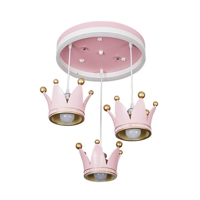 Suspended Crown Girl's Room Ceiling Light Resin 3 Heads Kids Style Flush Mount Lamp in Pink