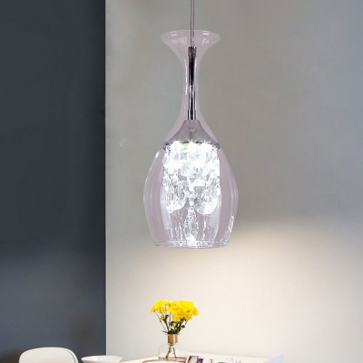Wine Glass Ceiling Lamp Simplicity Clear Glass 1-Bulb Silver Pendant with Crystal Drop in Warm/White Light