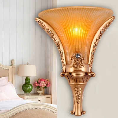 1-Bulb Wall Lighting Fixture with Flared Shade Yellow Glass Rustic Bedroom Wall Sconce Light in Gold