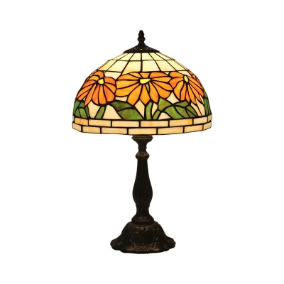 1-Head Domed Night Lighting Baroque Orange Hand Cut Glass Flower Patterned Task Light for Bedroom
