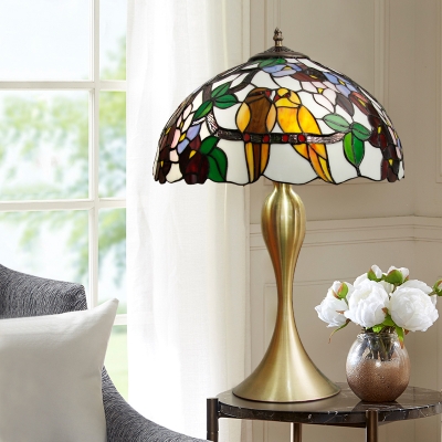 1 Light Bedroom Nightstand Light Tiffany Style Brass Flower and Bird Patterned Night Lamp with Dome Hand Cut Glass Shade