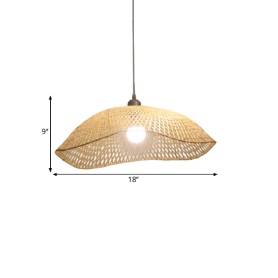 1 Light Dining Room Ceiling Lamp Rustic Beige Down Lighting Pendant with Wavy Dome Bamboo Shade, 14
